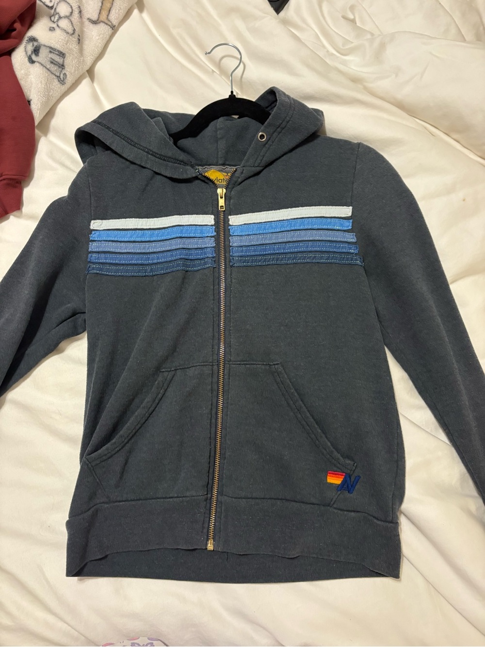 Aviator nation Dark Gray Zip-Up Hoodie with Blue Stripe Detail